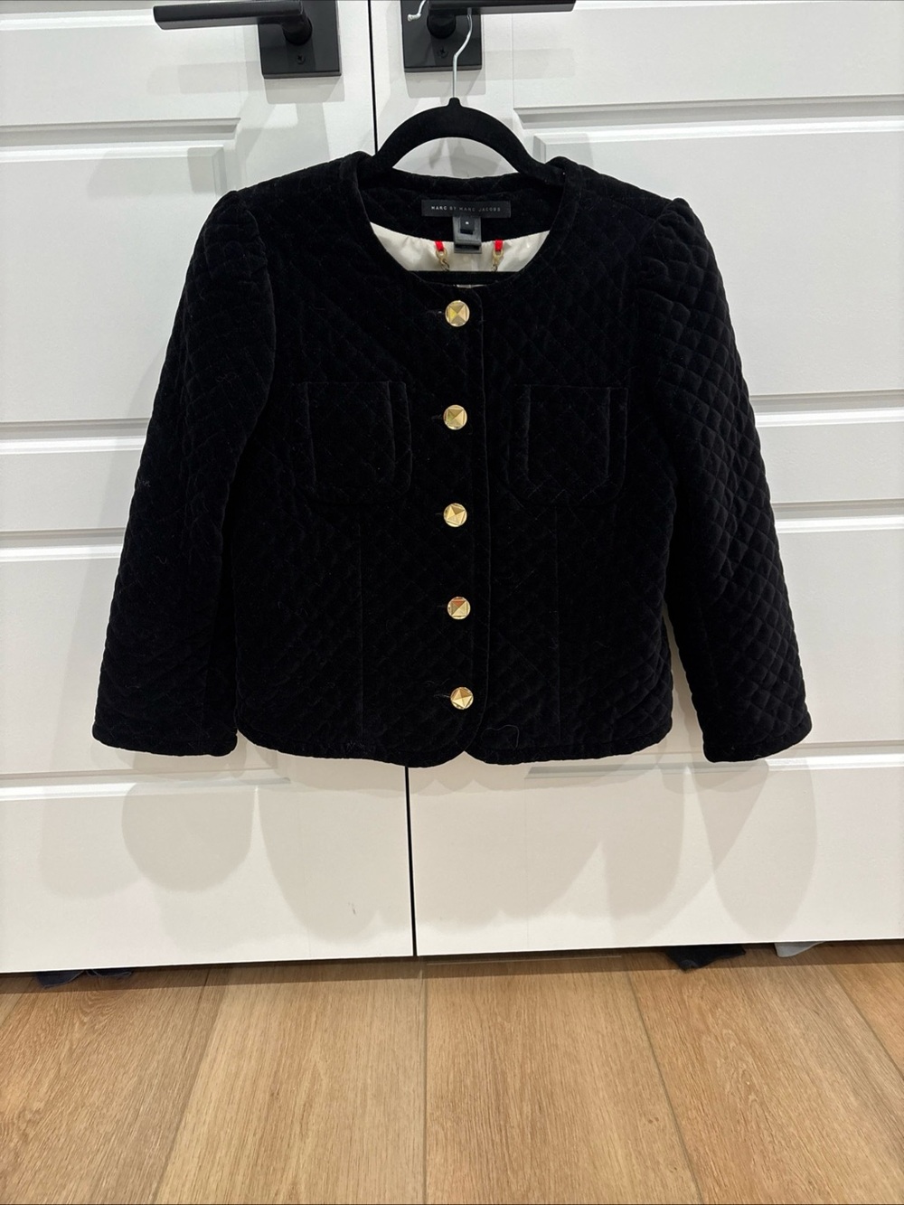 Marc by Marc Jacobs Black Quilted Velvet Jacket with Gold Buttons - Size 8